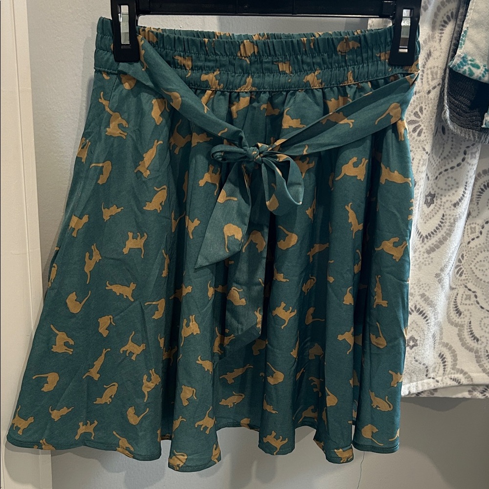 Womens Teal Cat-Print Tie-Waist Skirt